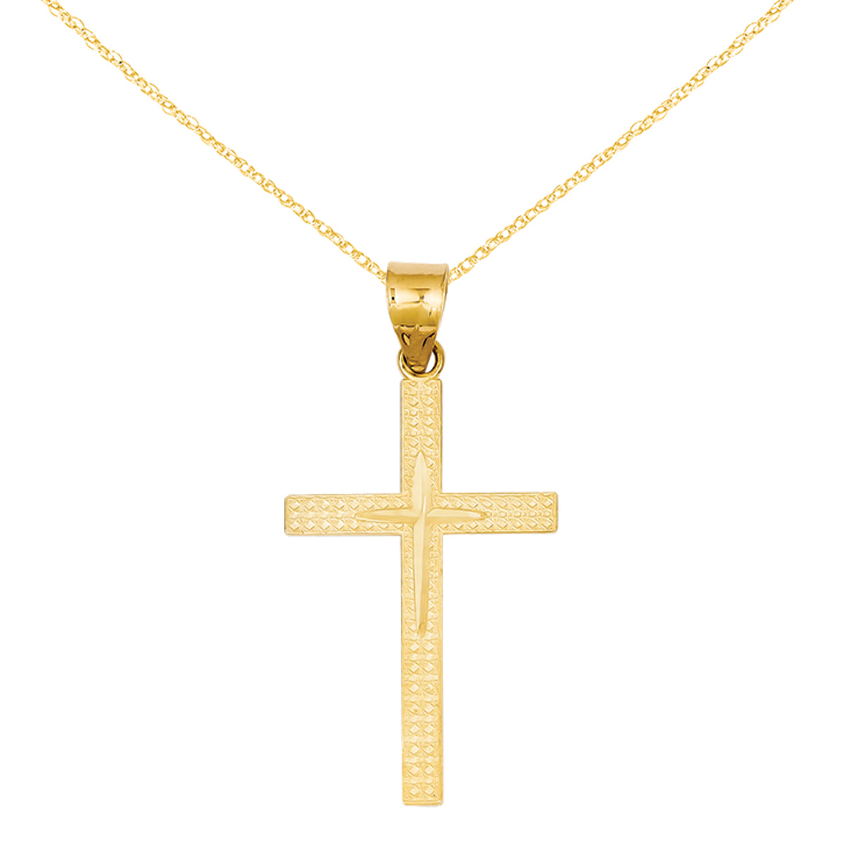 Primal Gold 14 Karat Yellow Gold Diamond-Cut Latin Cross Pendant with 18-inch Cable Rope Chain