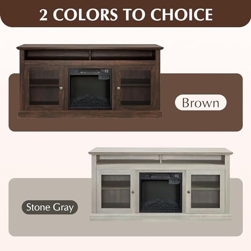 Farmhouse Fireplace TV Stand for TVs Up to 65'', Rustic Entertainment Center with Electric Fireplace, Brown W91016