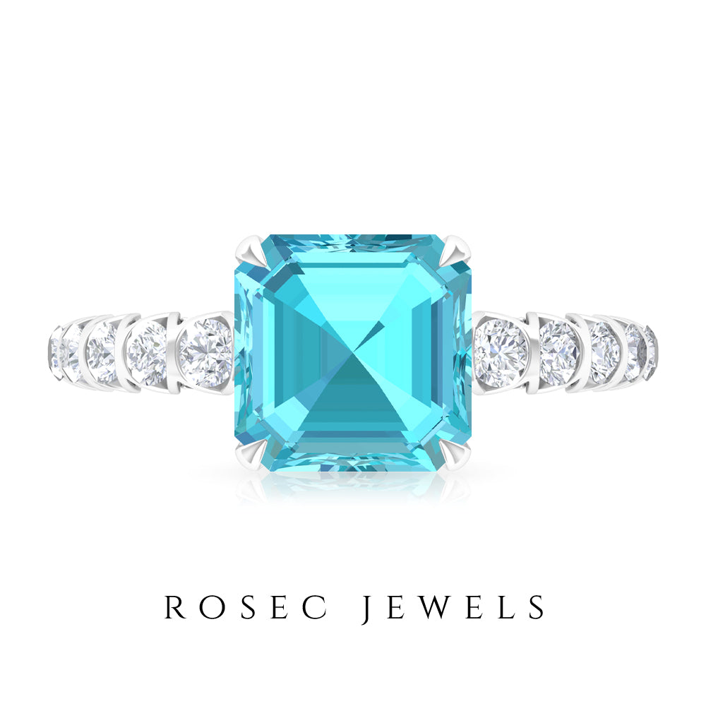 Swiss Blue Topaz Solitaire Ring with Diamond Side Stones, 925 Sterling Silver, US 4 T9753