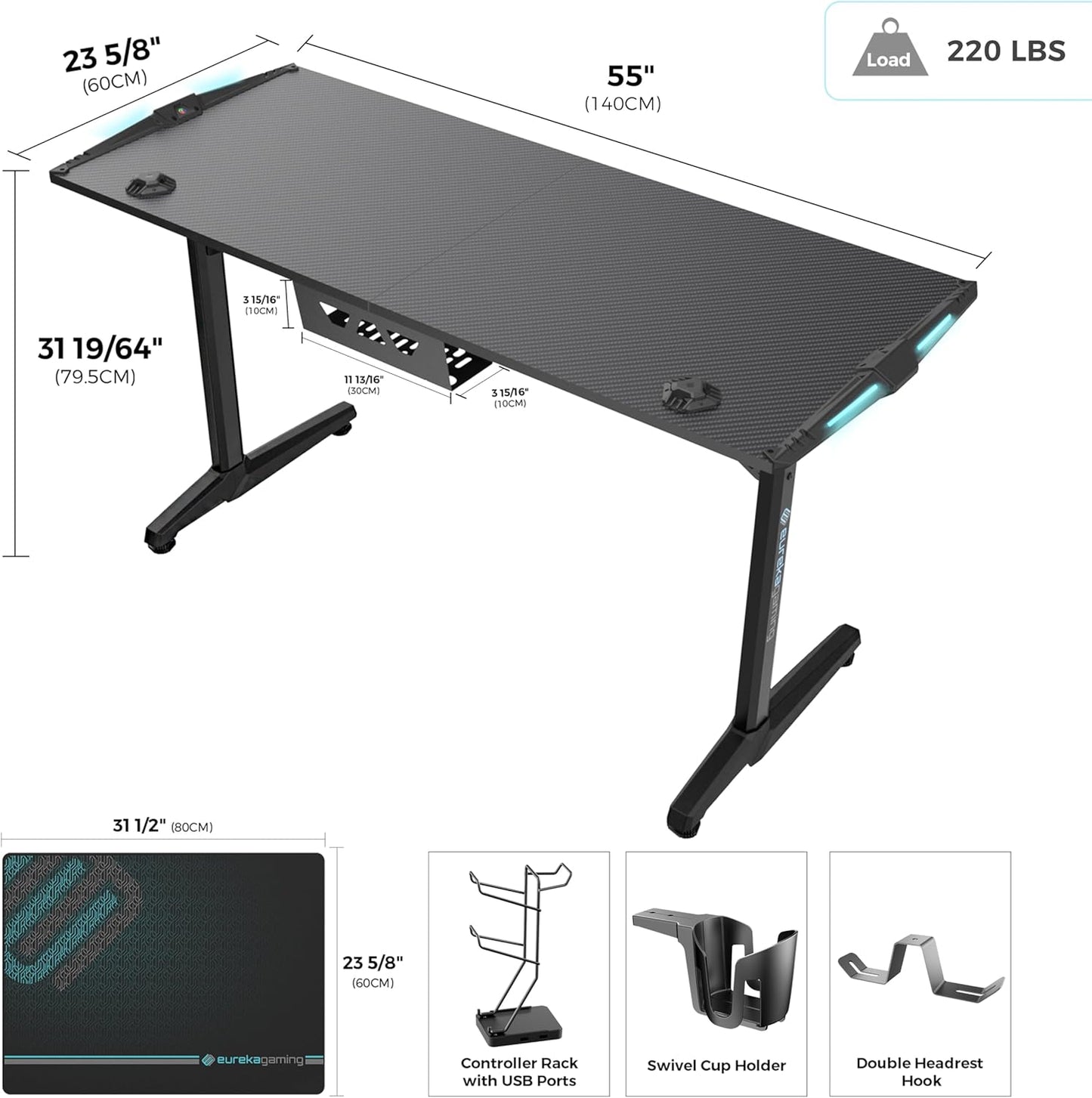 EUREKA ERGONOMIC RGB Gaming Desk 55 Inch Computer Desk with USB Ports, Black Q742