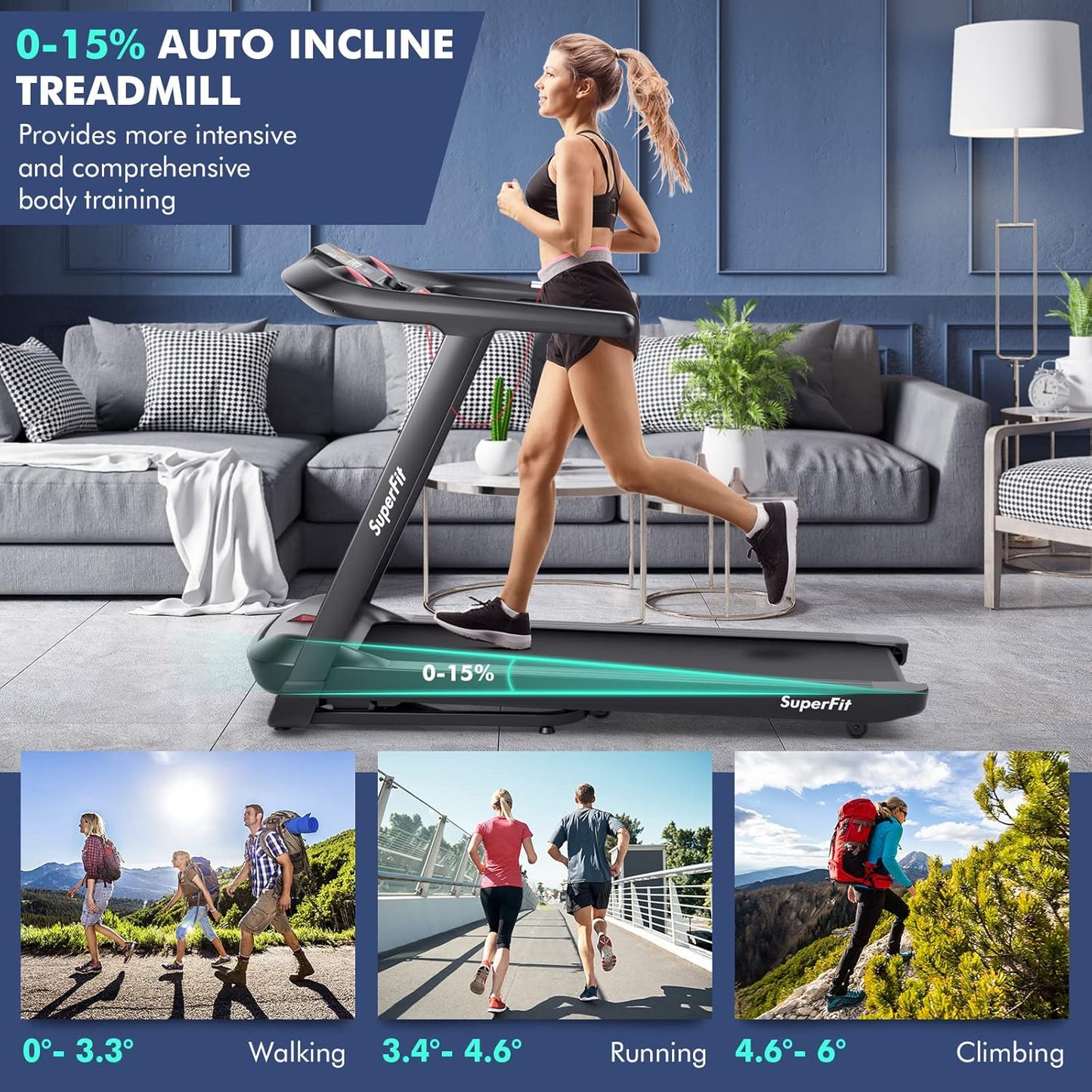 Goplus 4.75HP Folding Treadmill with 15% Auto Incline, APP Control K690920