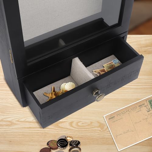 Shadow Box Frame 3.2" Deep with Real Glass and Drawer, Black J7816