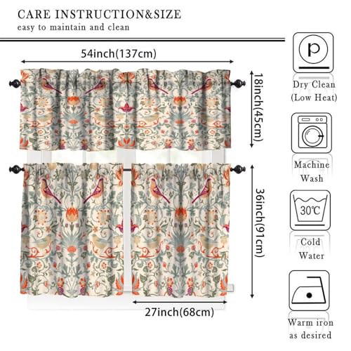 William Morris Kitchen Valance Curtain Boho Retro Bird Print Rod Pocket 54x18 Inch J143595