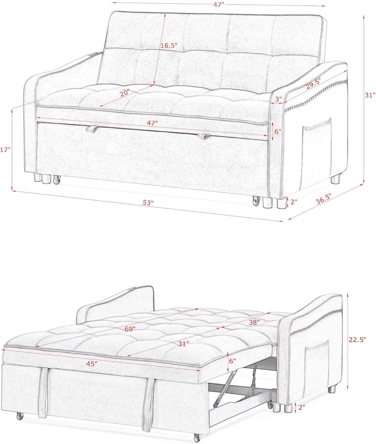 3 in 1 Convertible Sleeper Sofa Couch with Pull Out Bed, Small Futon Loveseat V25033