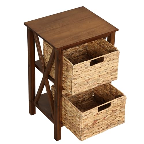 Giantex 2-Tier Nightstand with Wicker Baskets Set of 2, Wooden Side Table, Walnut C6960