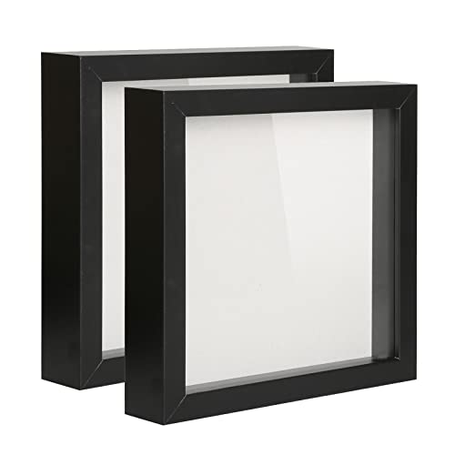 Muzilife Shadow Box Picture Frame with Linen Board Deep Wood Glass Display Case Ready to Hang Memory Box Baby Sports Memorabilia, Pins, Awards, Medals, Wedding, Tickets and Photos (Walnut, 2pcs 8X8)