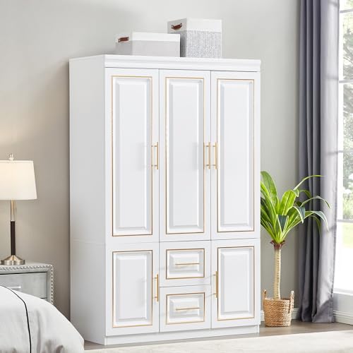 Closet with Doors Armoire Wardrobe Closets Wood Cabinet White Storage Closet Cabinet for Bedroom Armoires Clothes Wood Closet with Hanging Rod (20.51" D x 63" W x 74.02" H, Golden Handle)