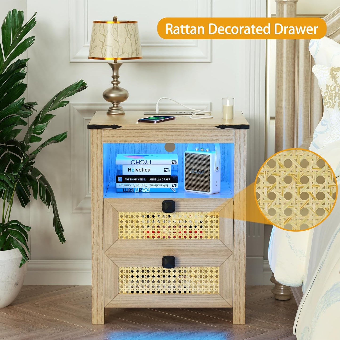 Modern Nightstand Set of 2 with Charging Station and LED Light, Natural Wood R867733