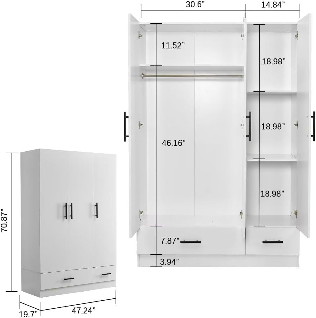 White Armoire Wardrobe with 3 Doors and 2 Drawers H660555