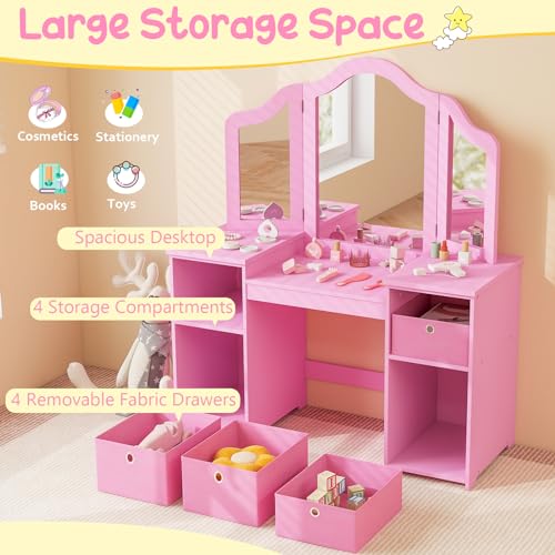 Costzon Kids Vanity 2-in-1 Princess Makeup Desk with Tri-fold Mirror, White Z72187