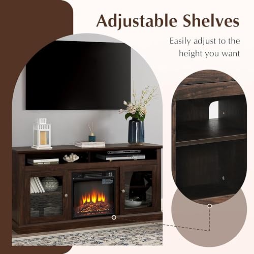 Farmhouse Fireplace TV Stand for TVs Up to 65'', Rustic Entertainment Center with Electric Fireplace, Brown W91016