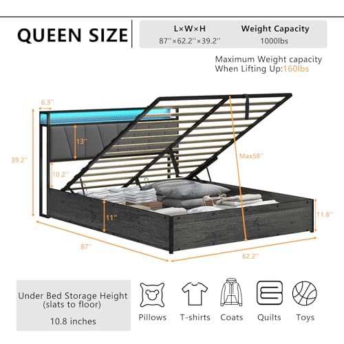 Full Size Lift Up Storage Bed Frame with LED Lights and Charging Station, Black D6950