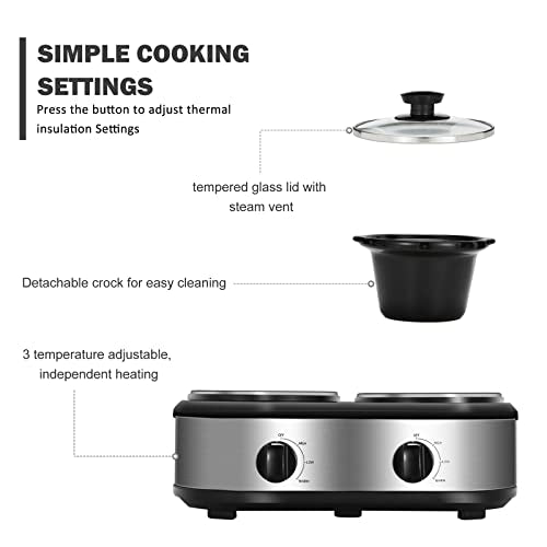 Double Slow Cooker, 2 x 1.25QT Mini Pots, Adjustable Temp, Dishwasher Safe, Stainless Steel J3720