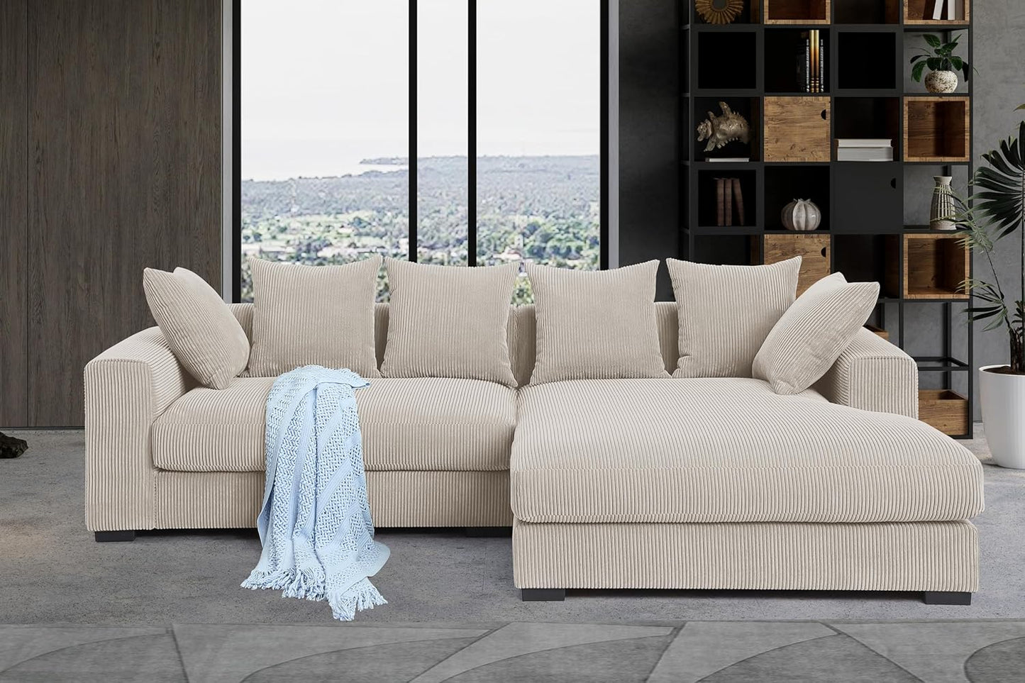 Corduroy 3-Piece Upholstered Sectional Chaise L Shaped Sofa with Ottoman, Beige Q1824