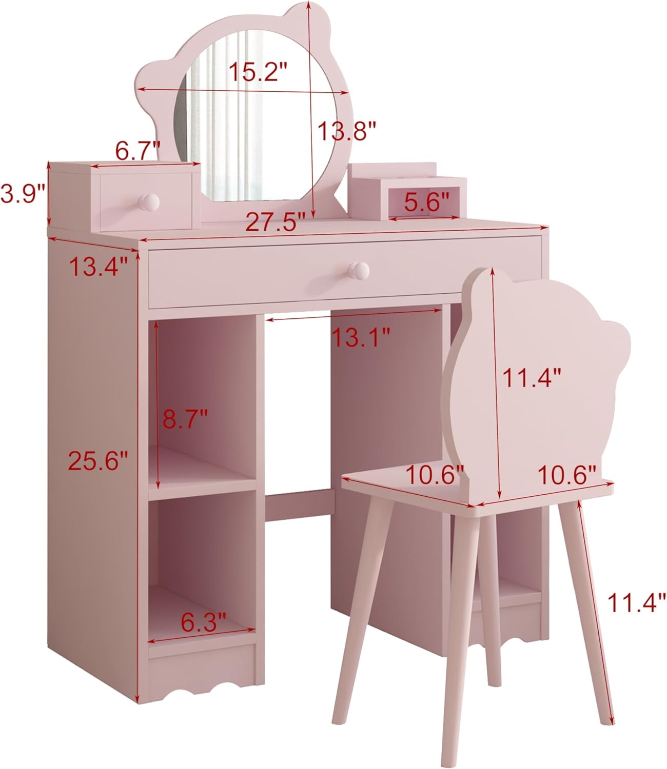Kids Vanity Set with Mirror & Stool, Wooden Pink C28982