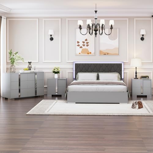 Queen Wood Upholstered Bed with LED Lights, 4-Piece Bedroom Set (Grey) A7583