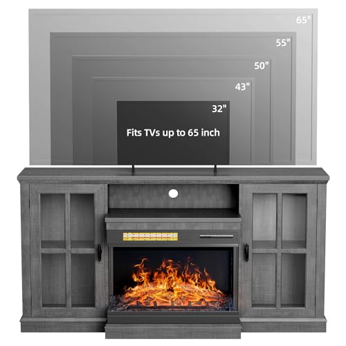 YESHOMY Glass Fireplace TV Stand for TVs up to 65", Gray C701