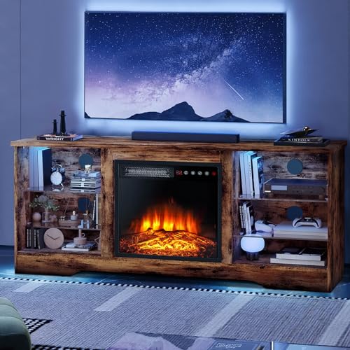 Lemberi Fireplace tv Stand with 36 inch Fireplace Up to 80" TVs,LED Light Entertainment Center and Storage, 70" Modern Wood Media TV Console with Highlight Cabinet for Living Room