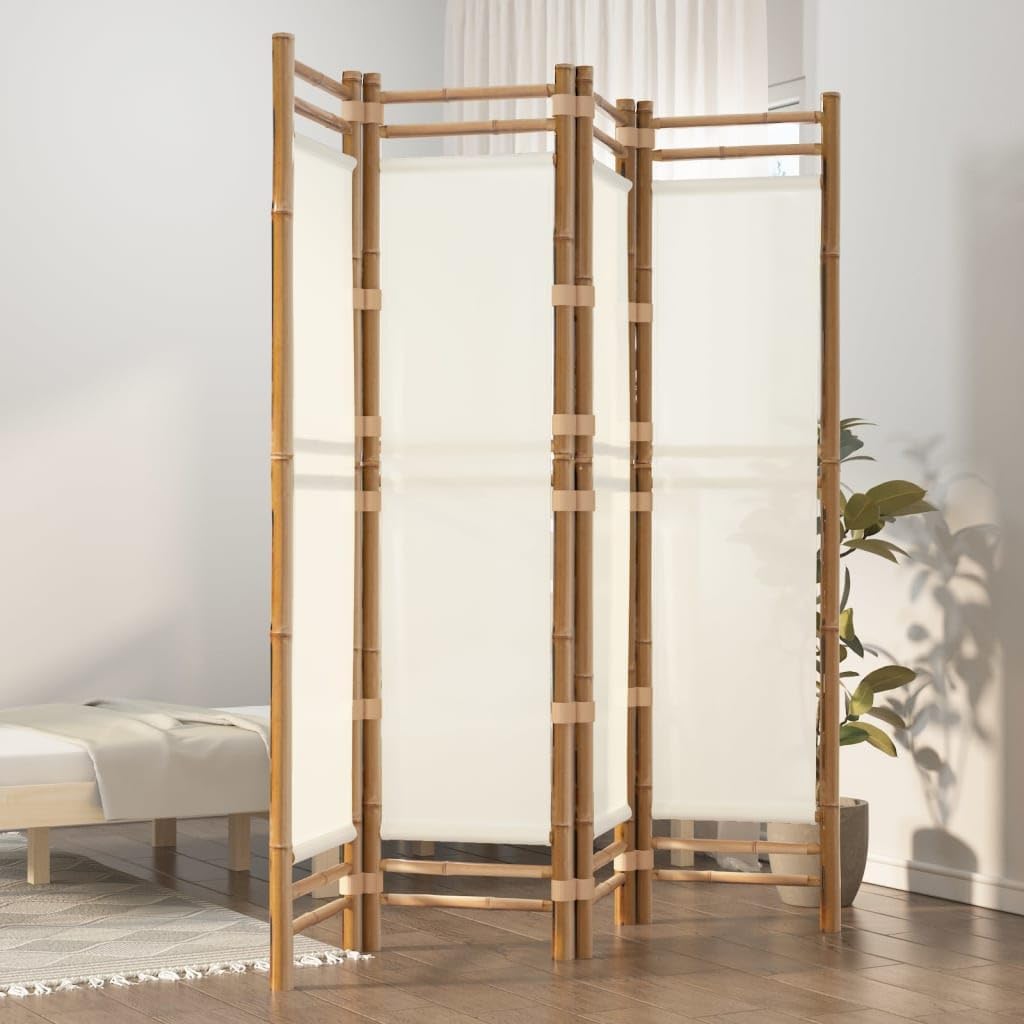 Folding 4-Panel Room Divider 63" Bamboo and Canvas,Bamboo Room Divider for Privacy and Style, Foldable Partition for Any Room, Cream White Furniture for Bedroom
