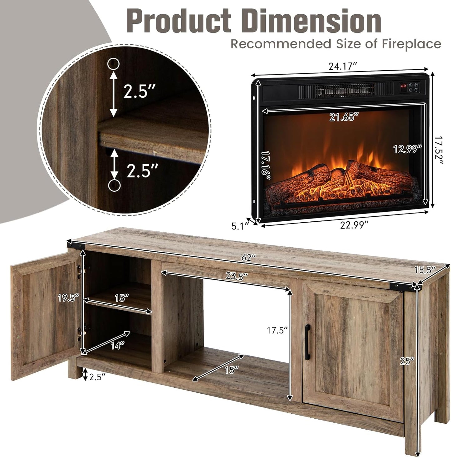 COSTWAY Electric Fireplace TV Stand for TVs up to 70 Inches, Farmhouse Media Center with Storage W3192