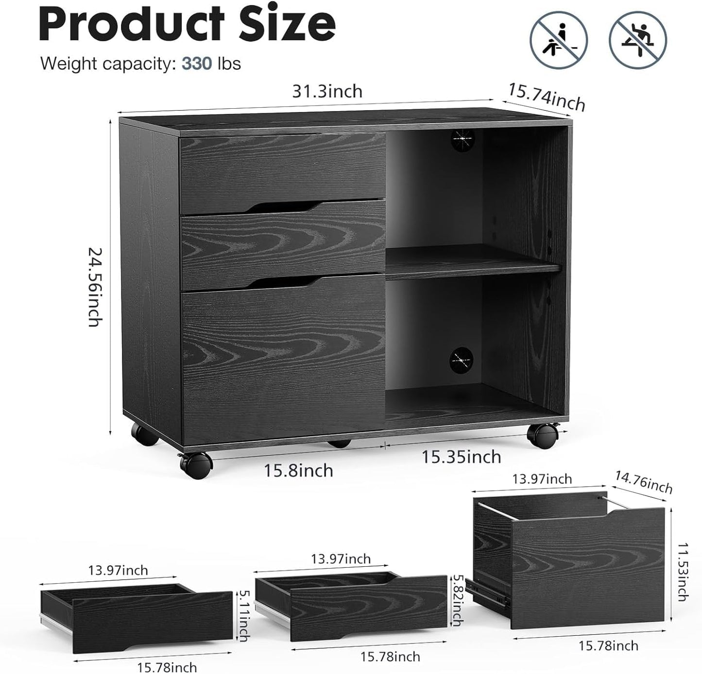 Lateral File Cabinet with 3 Drawers, Rolling Wooden Storage, Black Z6378