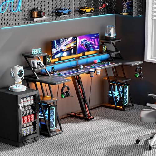 L Shaped Gaming Desk with LED Lights & Power Outlet, 47 Inch, Carbon Fiber Black E79671