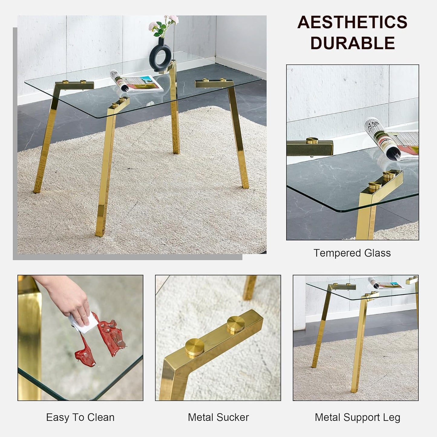 Gold Glass Dining Table Set for 6, 51'' Modern Rectangle D9010