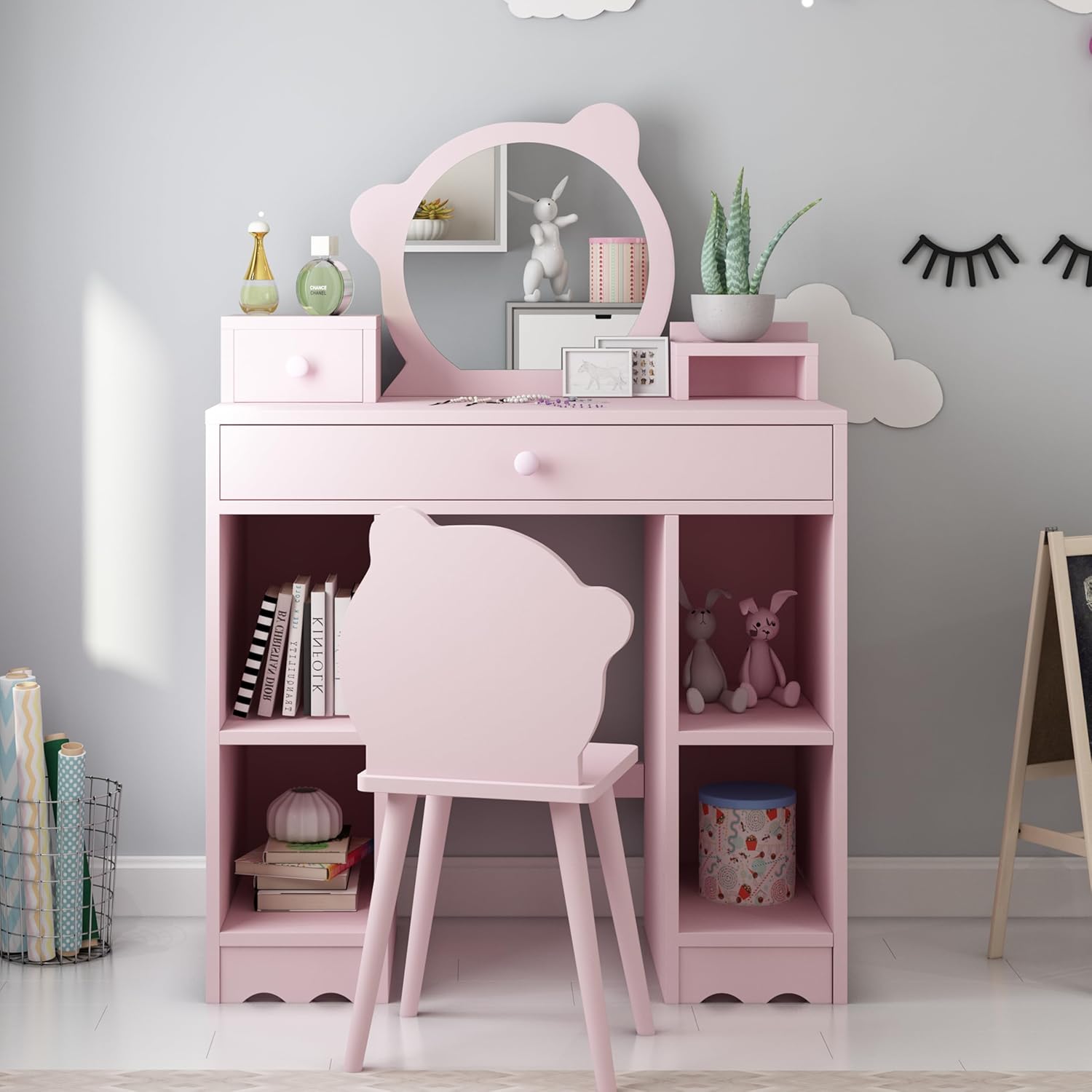 Kids Vanity Set, Girls Vanity Set with Mirror & Stool, Large Storage Shelf, Wooden Princess Makeup Dressing Table, Pretend Play Vanity Table Chair Set, Pink