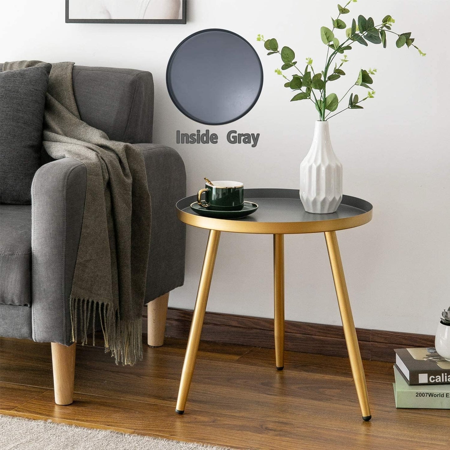 AOJEZOR End Tables Set of 2, Metal Round Side Table, Black/Grey and Gold Q855