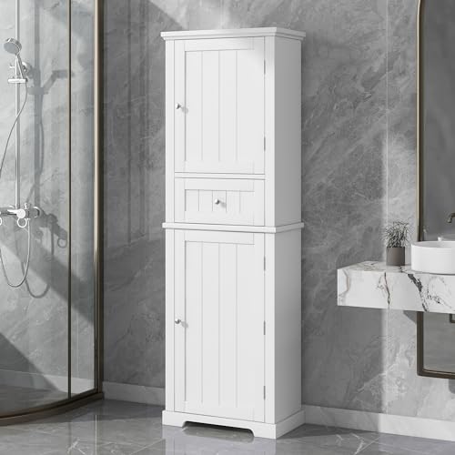 Tall Bathroom Storage Cabinet with Drawer and Adjustable Shelf, White C384