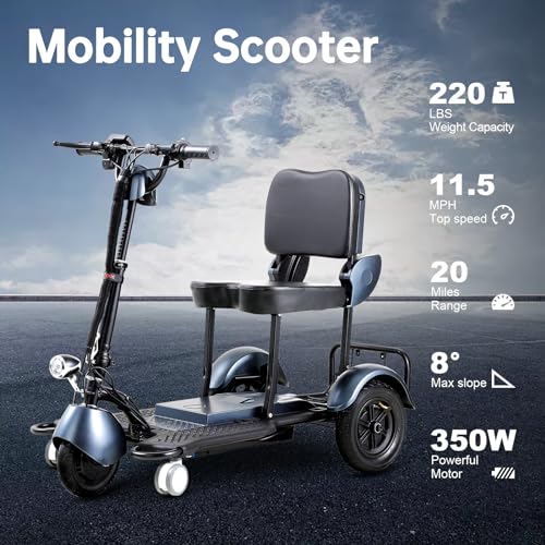 Folding 3-Wheel Mobility Scooter for Adults, 20 Miles Range, Blue Y5062