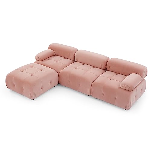 Pink Velvet Sleeper Sofa Bed with Ottoman Solid Wood Frame S22538