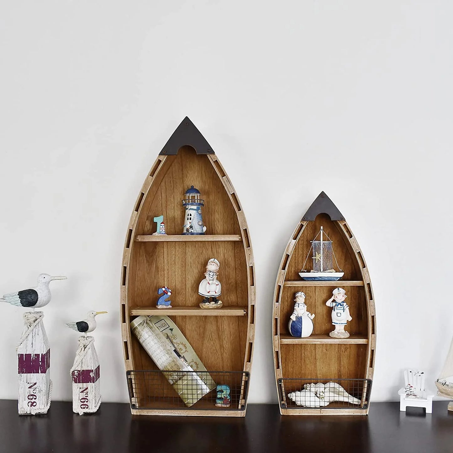 Wooden Boat Decor Hanging Shelf with 3 Tiers for Wall, Rustic Nautical Beach Theme Q5944