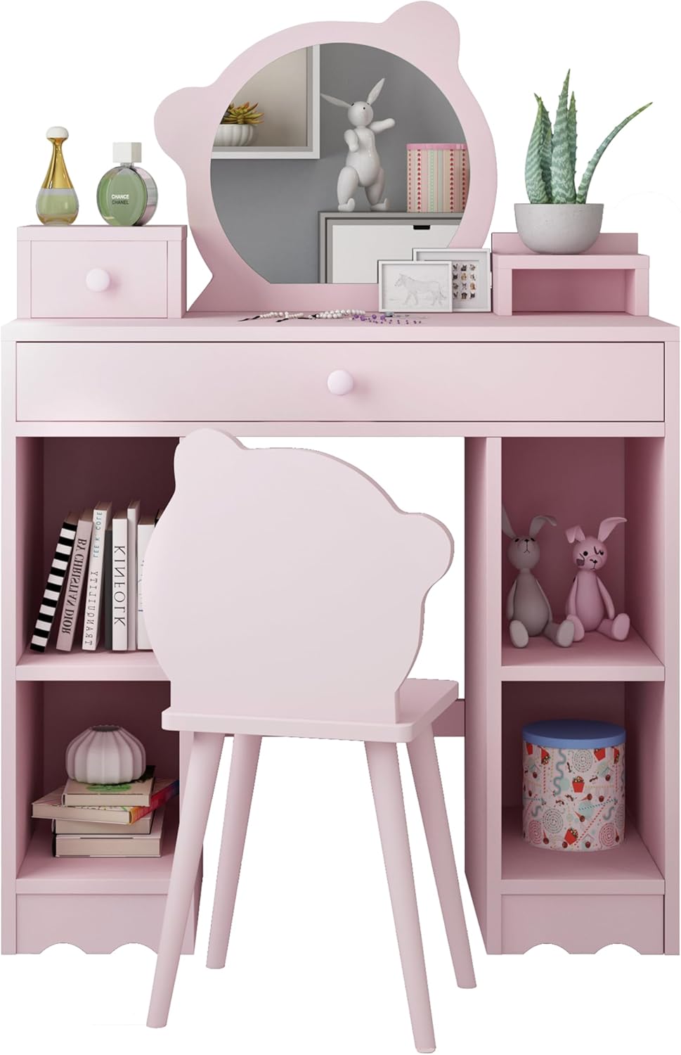 Kids Vanity Set with Mirror & Stool, Wooden Pink C28982