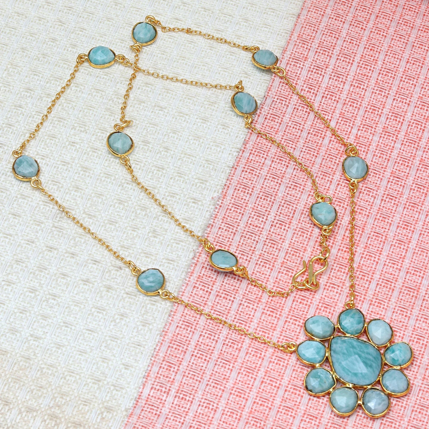 Amazonite Faceted Gemstone Necklace 925 Silver 26'' E1629