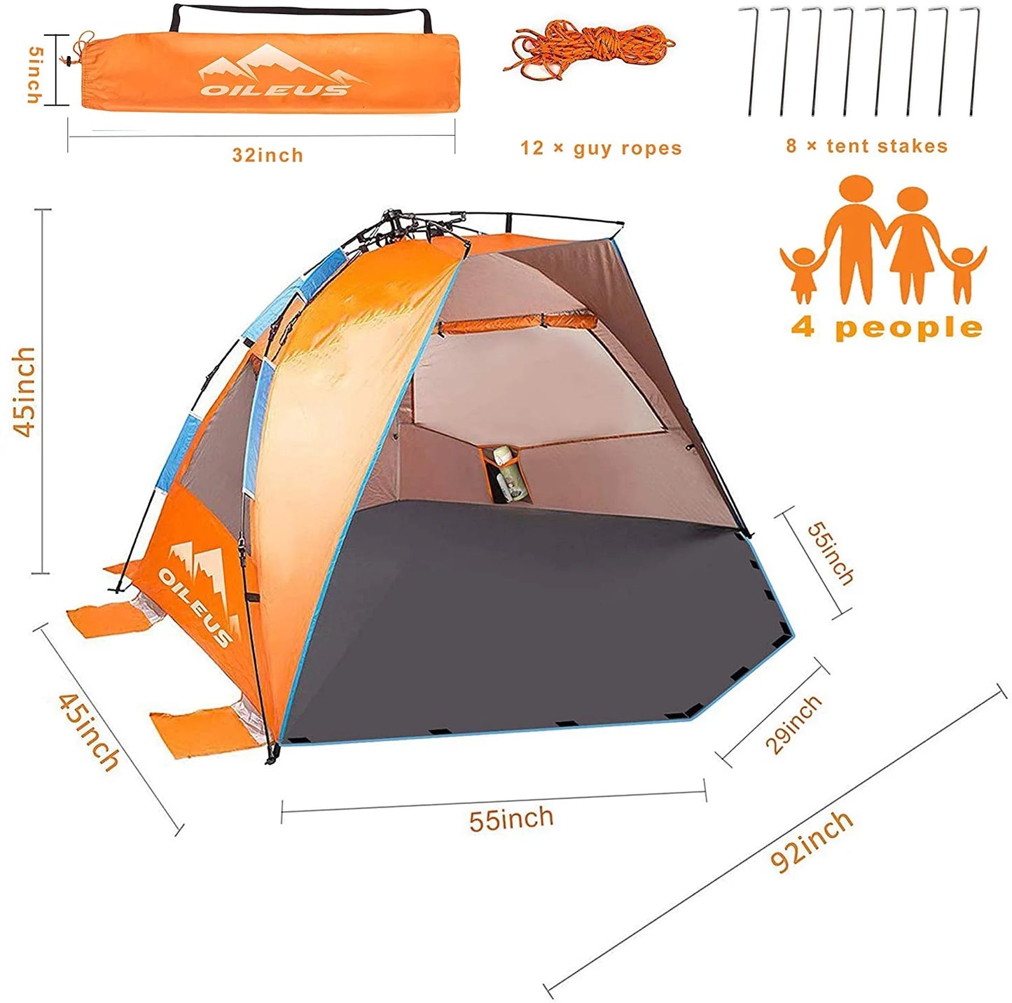 Oileus Beach Tent Sun Shelter X-Large 4 Person, Portable Pop Up with Carry Bag, Orange T55152