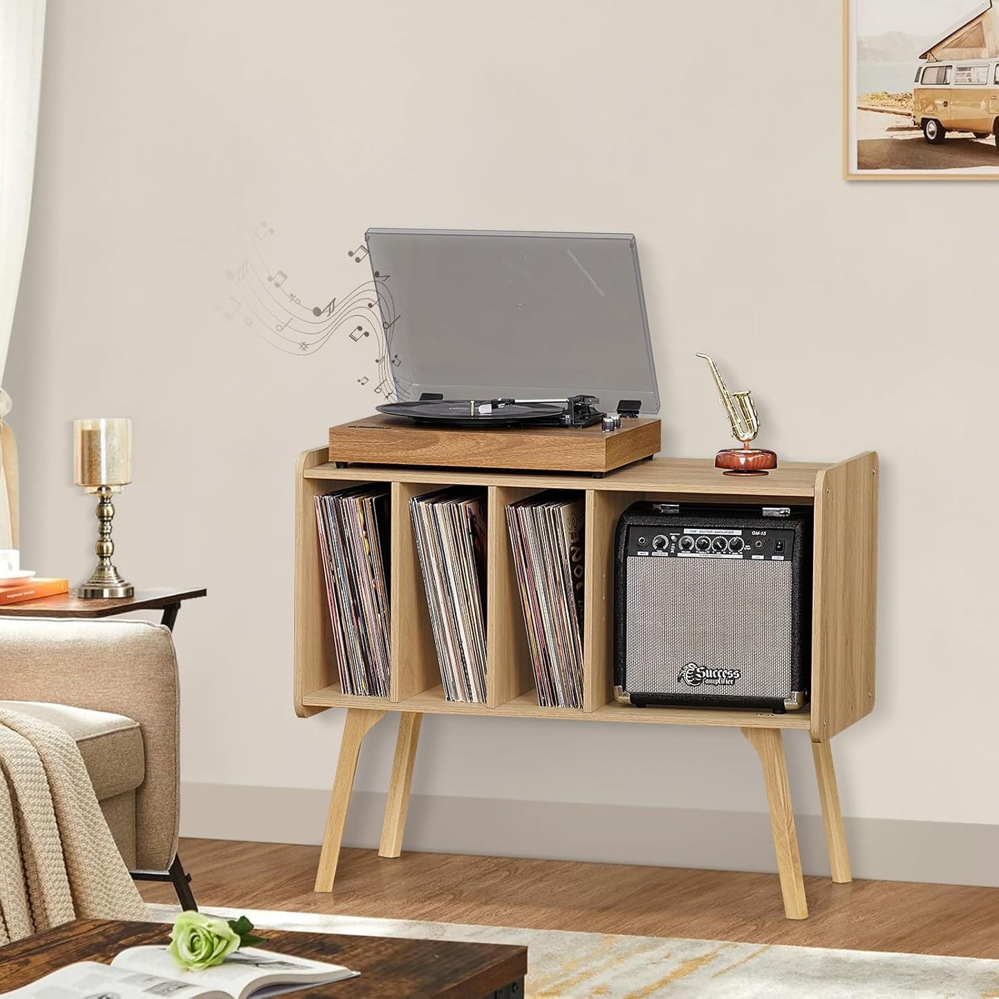 Lerliuo Record Player Stand with 4 Cabinet, Mid-Century Turntable Table K3086