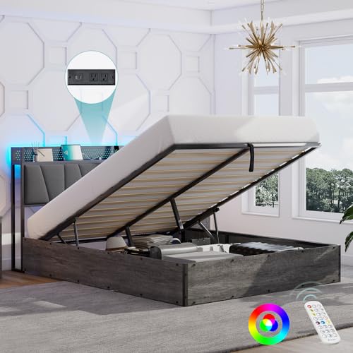 Full Size Lift Up Storage Bed Frame with LED Lights, Linen Upholstered Headboard with Charging Station, Wooden LED Light Platform Bed Frame, No Spring Box Needed/Noise Free, Black