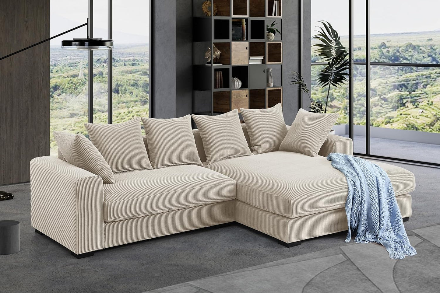 Corduroy 3-Piece Upholstered Sectional Chaise L Shaped Sofa with Ottoman, Beige Q1824