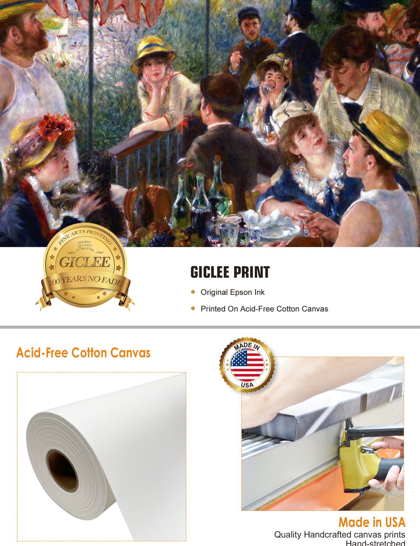 DECORARTS - Luncheon of the Boating Party by Pierre-Auguste Renoir, Giclee Print on Canvas, 18x12" E785