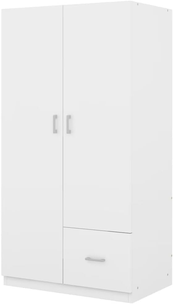 Wooden Wardrobe with Double Doors, 5 Shelves and Drawer, White C675