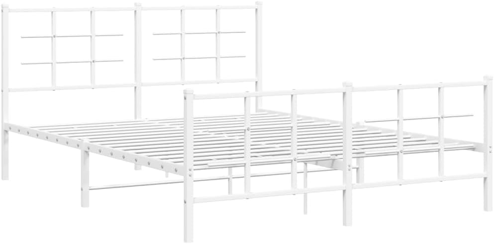 vidaXL White Steel Metal Bed Frame-Double Bed with Headboard/Footboard-81.5" x61.4 x35.4 | Modern Bedroom Furniture