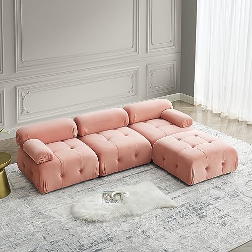 Pink Velvet Sleeper Sofa Bed with Ottoman Solid Wood Frame S22538